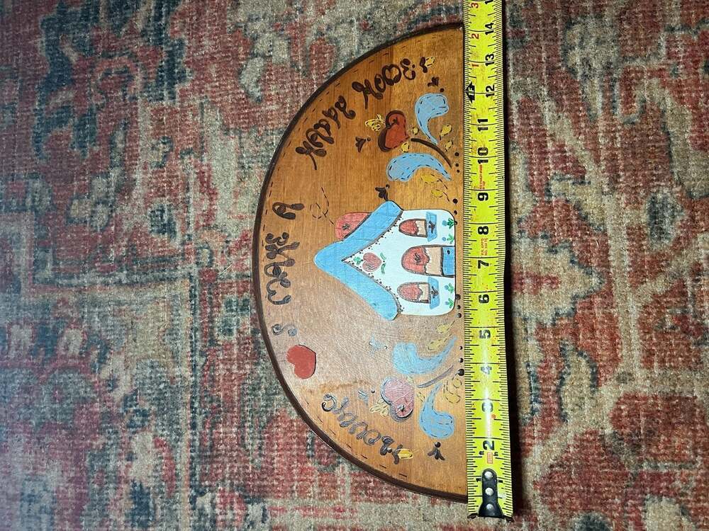 Vintage Hand Painted Wooden Folk Art Half Moon Wall Plaque - Loving Hearts Makes